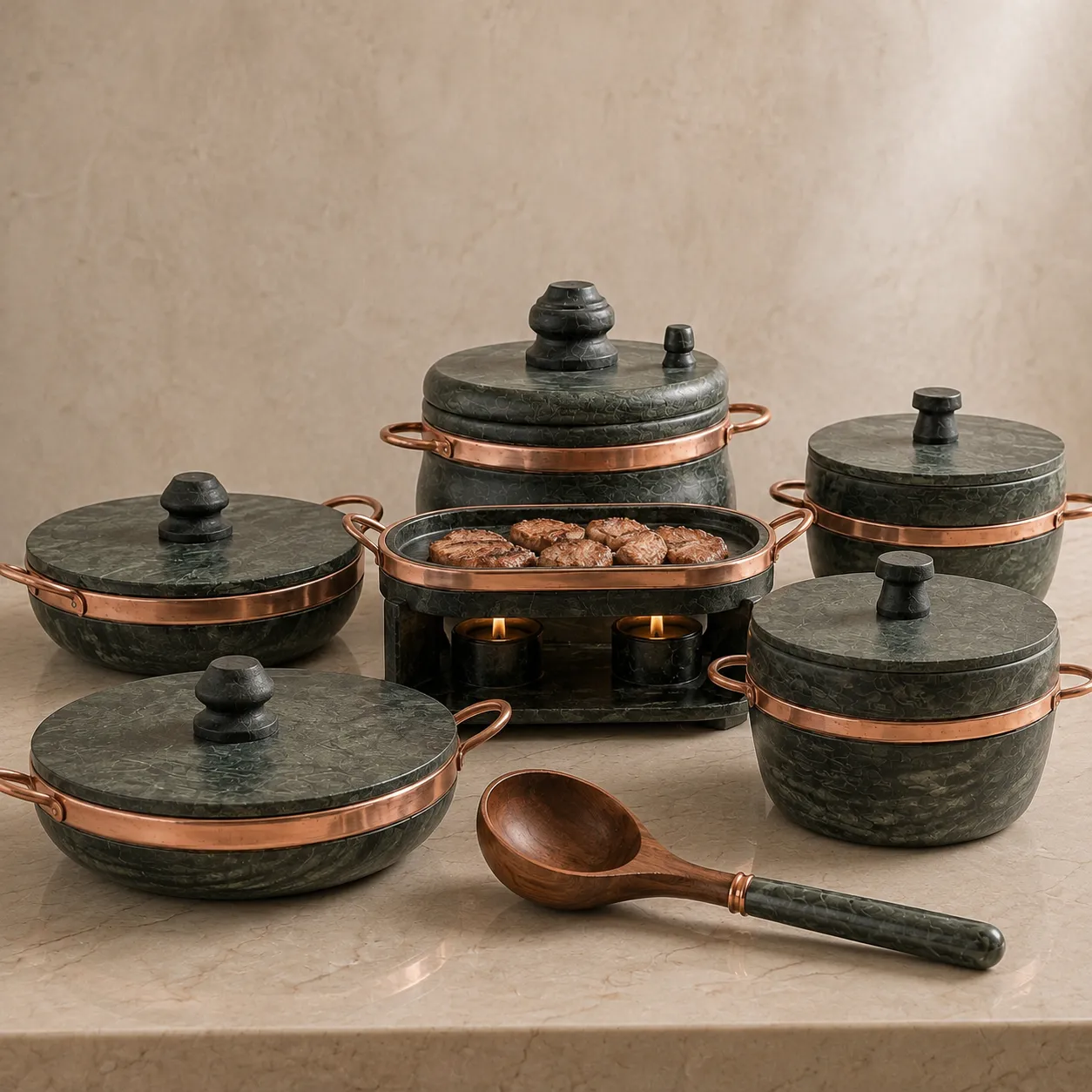 Kit 5 panelas com tábua fogareiro servida à mesa