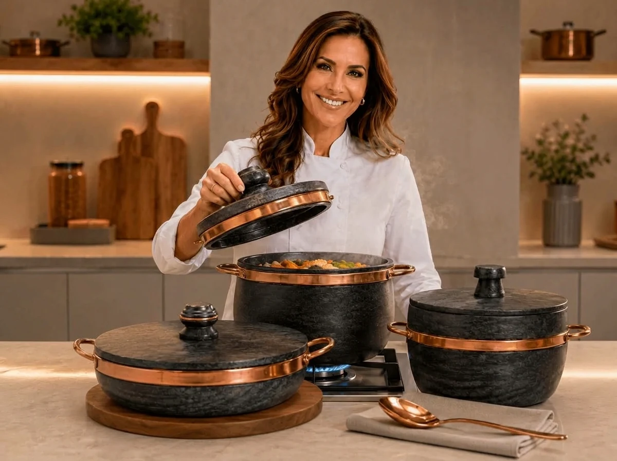 Cozinheira apresentando o kit de panelas de pedra sabão NATURALLI na cozinha